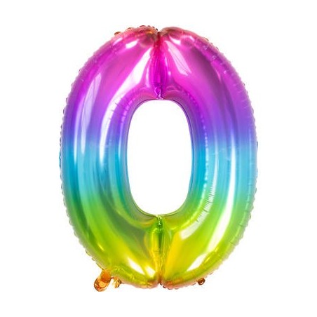 BALLON METALLIQUE CHIFFRE 0 ARC EN CIEL MULTICOLORE 86 CM