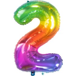 BALLON METALLIQUE CHIFFRE 2 ARC EN CIEL MULTICOLORE 86 CM