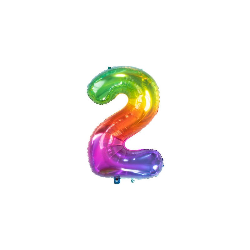 BALLON METALLIQUE CHIFFRE 2 ARC EN CIEL MULTICOLORE 86 CM