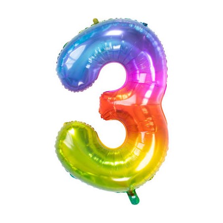 BALLON METALLIQUE CHIFFRE 3 ARC EN CIEL MULTICOLORE 86 CM