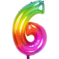 BALLON METALLIQUE CHIFFRE 6 ARC EN CIEL MULTICOLORE 86 CM