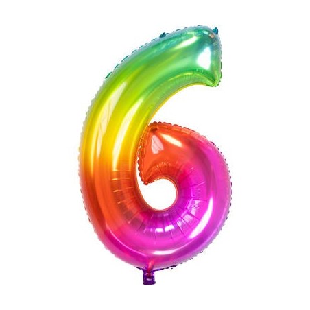 BALLON METALLIQUE CHIFFRE 6 ARC EN CIEL MULTICOLORE 86 CM