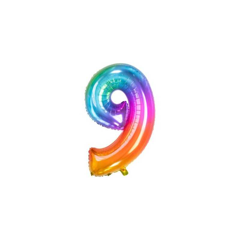 BALLON METALLIQUE CHIFFRE 9 ARC EN CIEL MULTICOLORE 86 CM