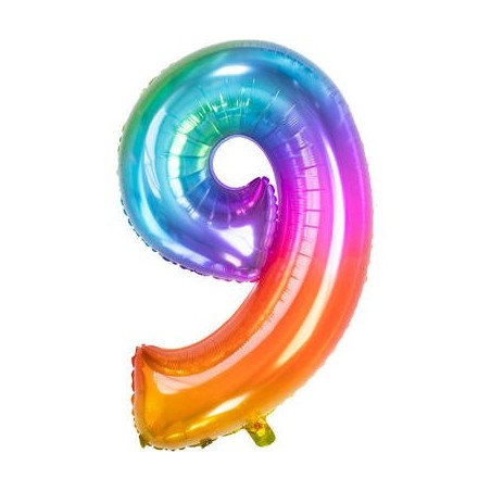 BALLON METALLIQUE CHIFFRE 9 ARC EN CIEL MULTICOLORE 86 CM