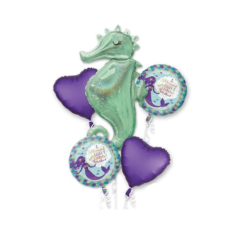 BOUQUET DE 5 BALLONS HIPPOCAMPE ET SIRENE 