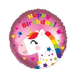 BALLON METALLIQUE ROND LICORNE HAPPY BIRTHDAY 45 CM 