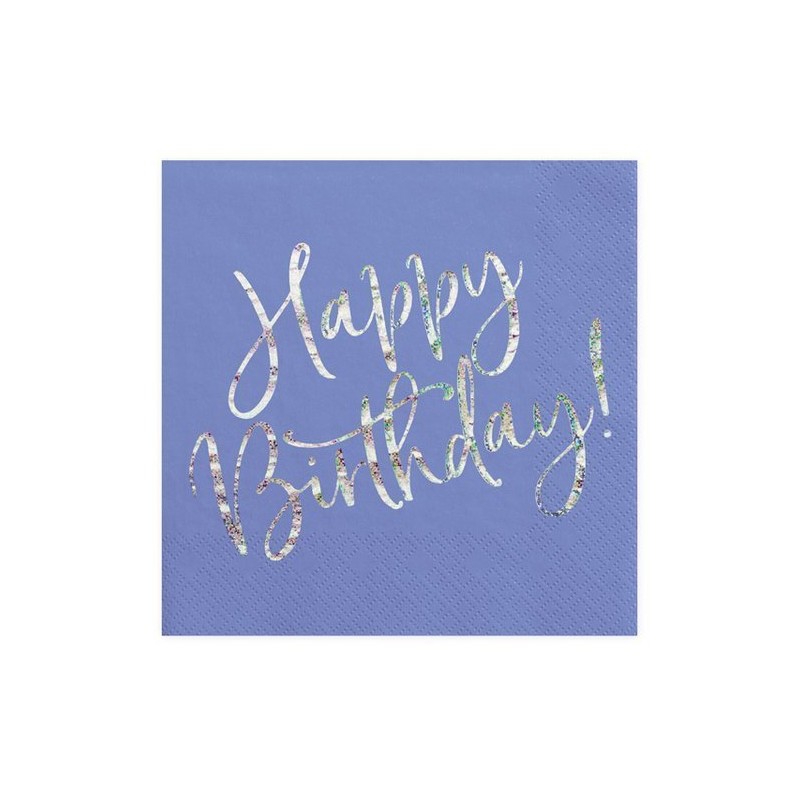 20 SERVIETTES BLEU HAPPY BIRTHDAY ARGENT 33 X 33 CM 