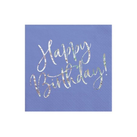 20 SERVIETTES BLEU HAPPY BIRTHDAY ARGENT 33 X 33 CM 