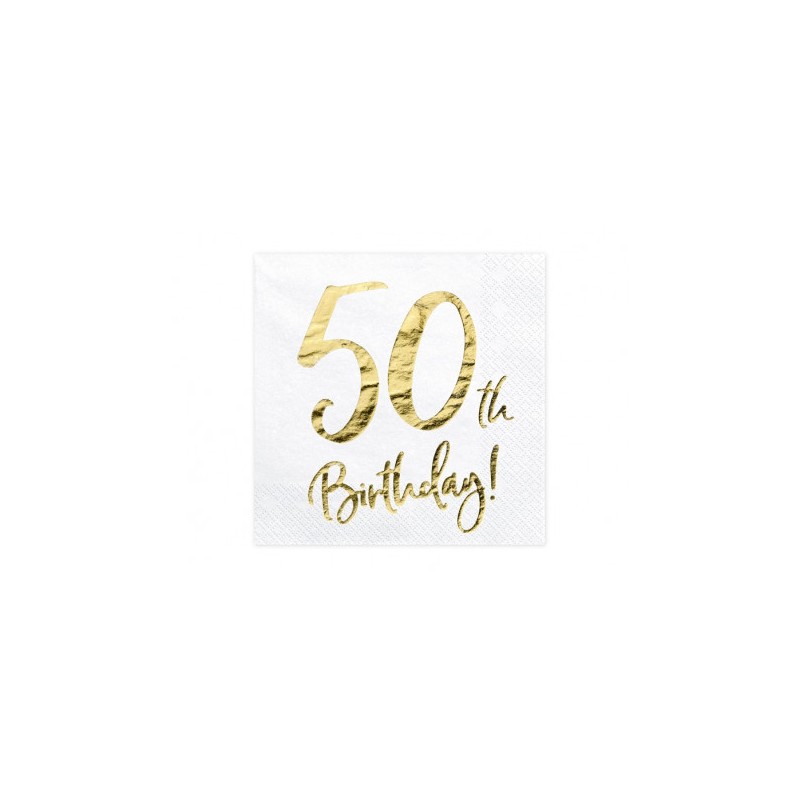 20 SERVIETTES  BLANC 50 TH BIRTHDAY  OR 33 X 33 CM 