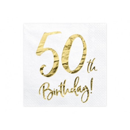 20 SERVIETTES  BLANC 50 TH BIRTHDAY  OR 33 X 33 CM 