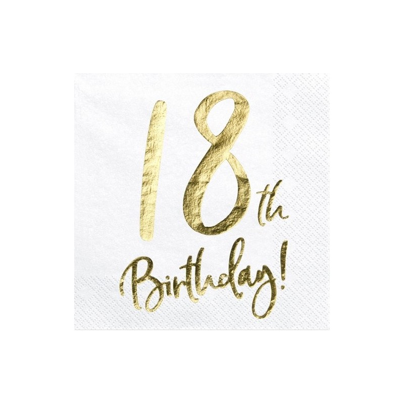 20 SERVIETTES  BLANC 18 TH BIRTHDAY  OR 33 X 33 CM 