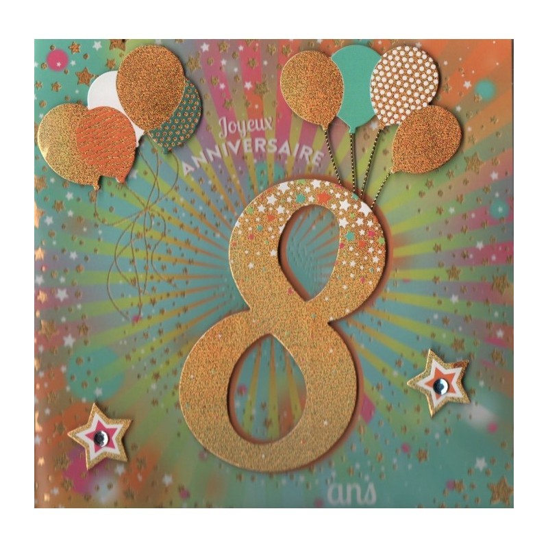 CARTE DOUBLE ANNIVERSAIRE 8 ANS COLL'AGE 18 X 18 CM