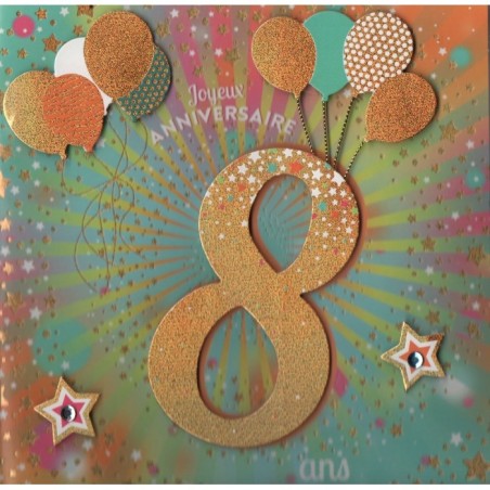 CARTE DOUBLE ANNIVERSAIRE 8 ANS COLL'AGE 18 X 18 CM