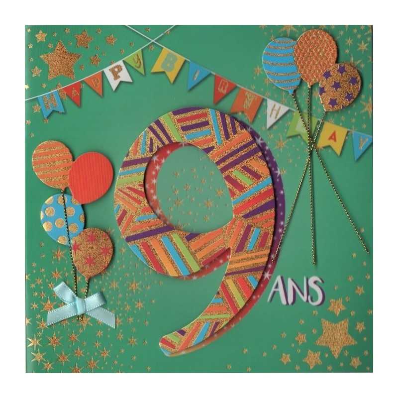 CARTE DOUBLE ANNIVERSAIRE 9 ANS COLL'AGE 18 X 18 CM