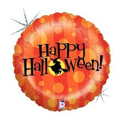 BALLON METALLIQUE ROND ORANGE HAPPY HALLOWEEN HOLLOGRAPHIC 91 CM 