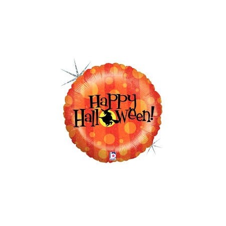 BALLON METALLIQUE ROND ORANGE HAPPY HALLOWEEN HOLLOGRAPHIC 91 CM 