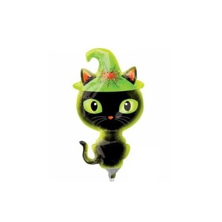 BALLON METALLIQUE 23 CM CHAT VERT AVEC CHAPEAU 