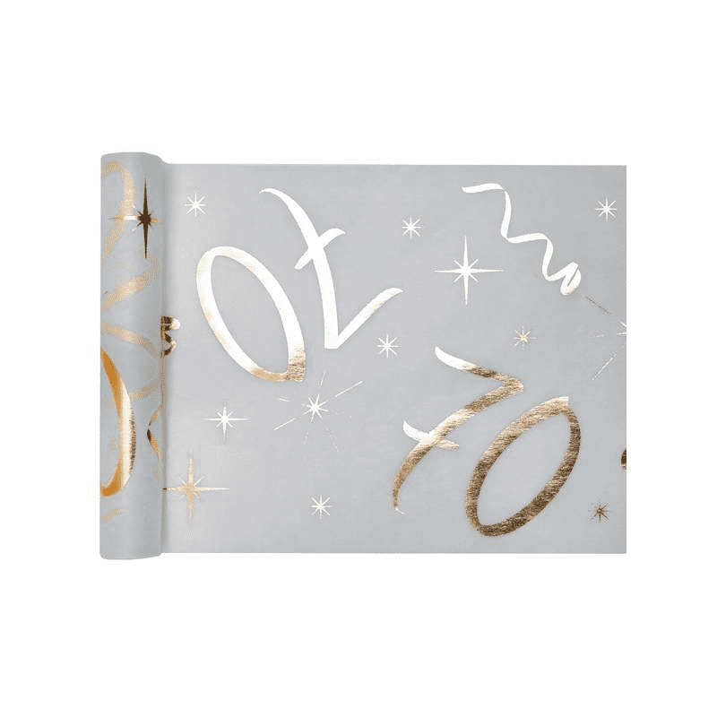 CHEMIN DE TABLE 70 ANS BLANC ET OR 30 CM X 5 M