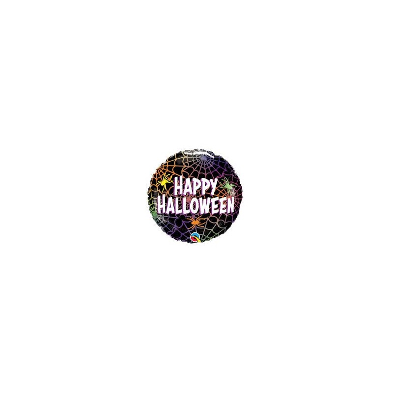 BALLON METALLIQUE ROND HAPPY HALLOWEEN TOILE D'ARAIGNEE 46 CM  BALLON METALLIQUE ROND HAPPY HALLOWEEN TOILE D'ARAIGNEE 46 CM