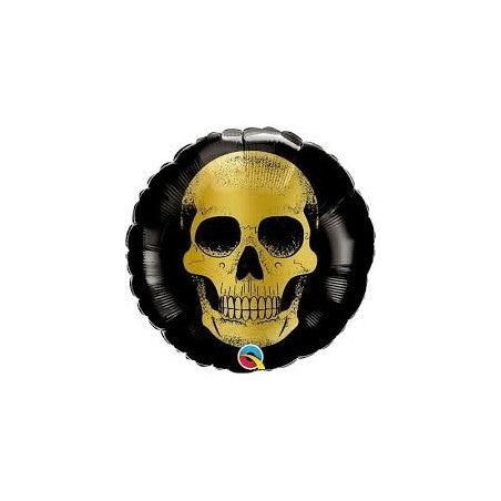BALLON METALLIQUE ROND A L'AIR TETE DE MORT DOREE 9"