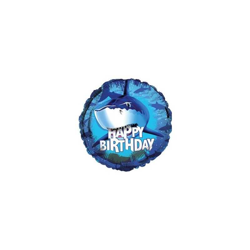 BALLON METALLIQUE 45 CM ROND REQUIN HAPPY BIRTHDAY