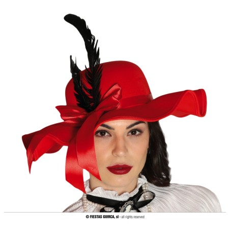 CHAPEAU ELEGANT ROUGE AVEC PLUME NOIRE