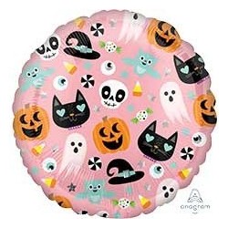 BALLON ROND HAPPY HALLOWEEN CITROUILLES FANTOMES ET PETITS CHATS