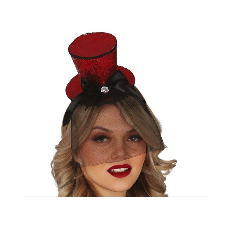 SERRE-TETE CHAPEAU HAUT DE FORME ROUGE PAILLETTE AVEC VOILE NOIR  SERRE-TETE CHAPEAU HAUT DE FORME ROUGE PAILLETTE AVEC VOILE NOIR