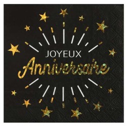 10 SERVIETTES NOIR JOYEUX ANNIVERSAIRE OR 33 X 33 CM 