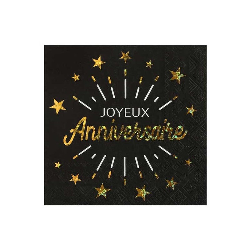 10 SERVIETTES NOIR JOYEUX ANNIVERSAIRE OR 33 X 33 CM 