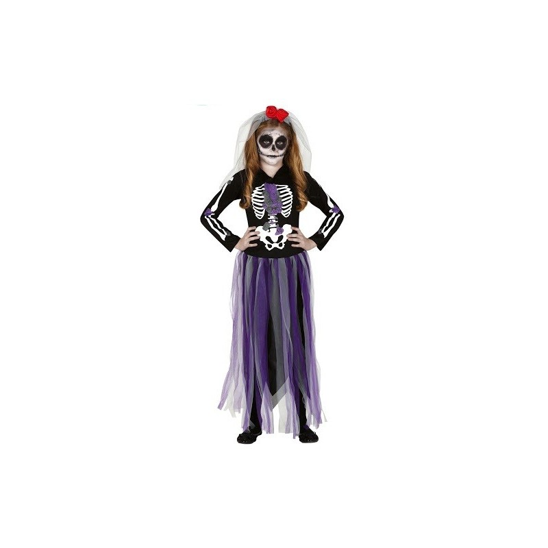 DEGUISEMENT HALLOWEEN ENFANT SQUELETTE ROBE VIOLET TAILLE 5-6 ANS 