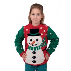 PULL DE NOEL ENFANT VERT ET ROUGE BONHOMME DE NEIGE TAILLE 5-6 ANS