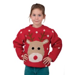 PULL DE NOEL ENFANT ROUGE AVEC TETE DE RENNE TAILLE 10-12 ANS