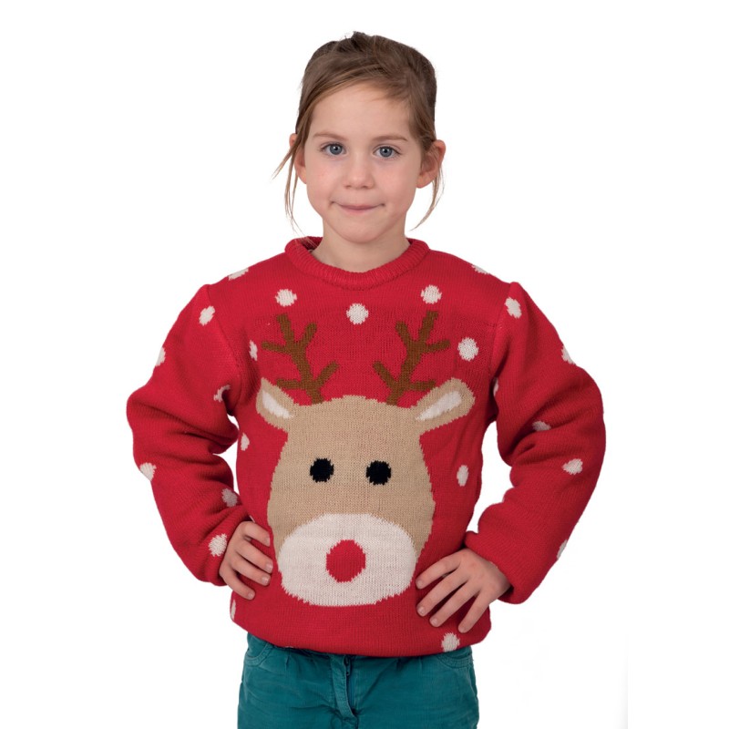 PULL DE NOEL ENFANT ROUGE AVEC TETE DE RENNE TAILLE 10-12 ANS