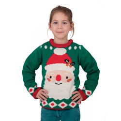 PULL DE NOEL ENFANT VERT TETE DE PERE NOEL TAILLE S