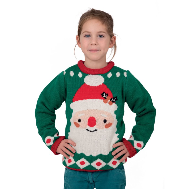 PULL DE NOEL ENFANT VERT TETE DE PERE NOEL TAILLE S