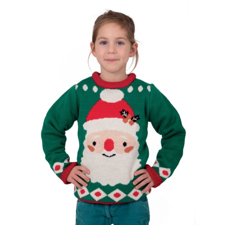 PULL DE NOEL ENFANT VERT TETE DE PERE NOEL TAILLE S