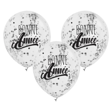 3 BALLONS TRANSPARENTS CONFETTIS ARGENT BONNE ANNEE 