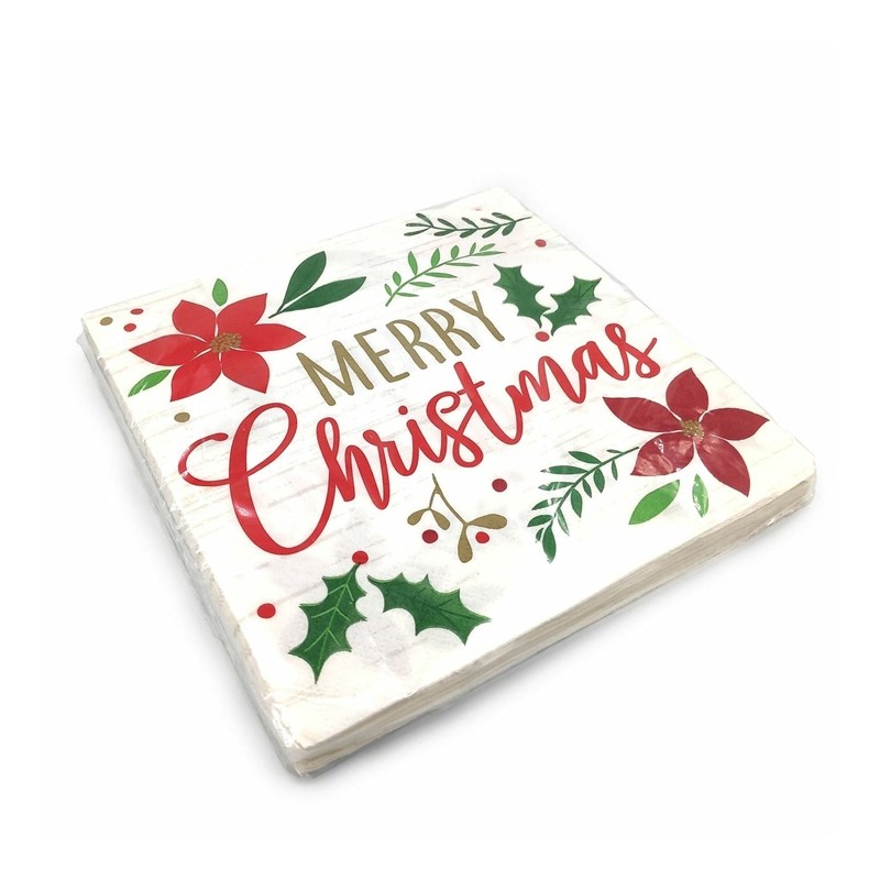 16 SERVIETTES BLANCHE MERRY CHRISTMAS  33 X 33 CM 