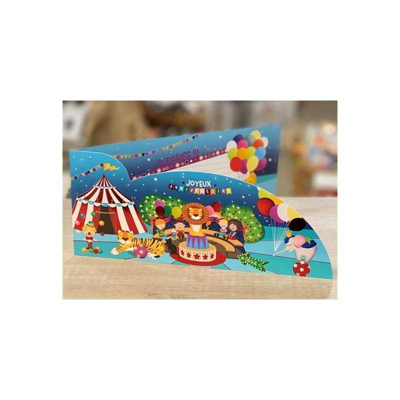 CARTE DOUBLE JOYEUX ANNIVERSAIRE THEME CIRQUE 26 X 11 CM 