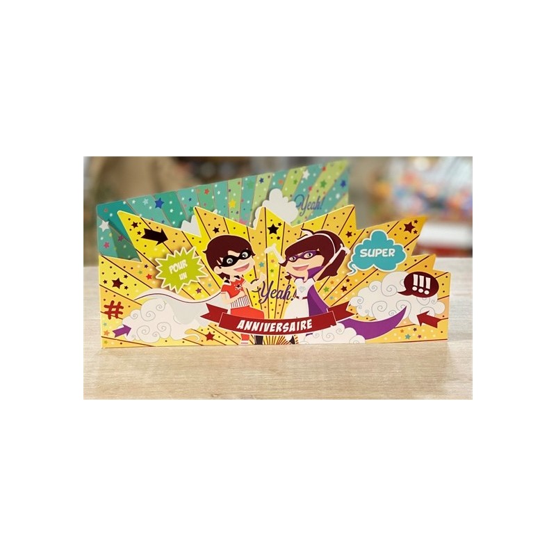 CARTE DOUBLE ANNIVERSAIRE THEME SUPER HEROS  26 X 11 CM  CARTE DOUBLE ANNIVERSAIRE THEME SUPER HEROS  26 X 11 CM