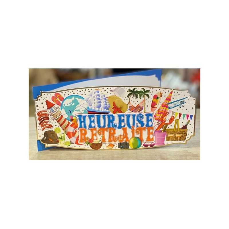 CARTE DOUBLE HEUREUSE RETRAITE VOYAGE 26 X 11 CM 