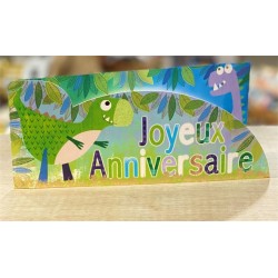 CARTE DOUBLE JOYEUX ANNIVERSAIRE THEME DINOSAURE  26 X 11 CM 