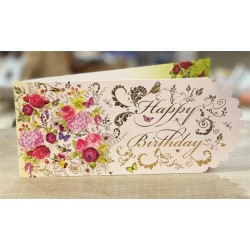 CARTE DOUBLE HAPPY BIRTHDAY FLEURS  26 X 11 CM 