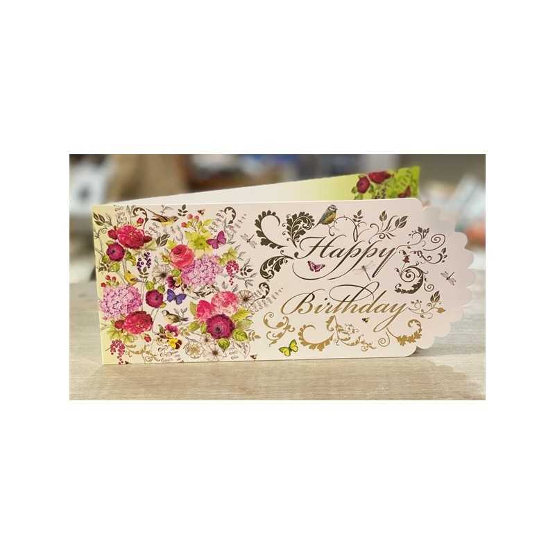 CARTE DOUBLE HAPPY BIRTHDAY FLEURS 26 X 11 CM 