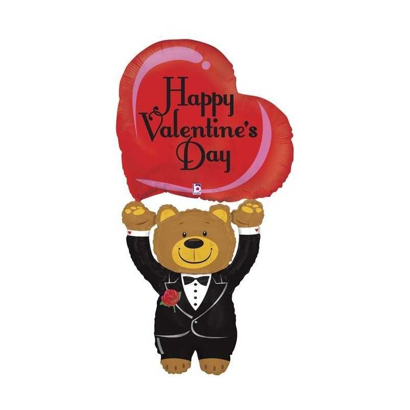 BALLON METALLIQUE OURSON AVEC COEUR HAPPY VALENTINE'S DAY 121 CM