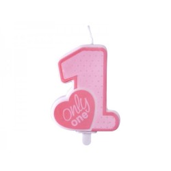 BOUGIE 1 ROSE ET BLANC AVEC COEUR ROSE ONLY ONE 8 CM 