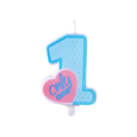 BOUGIE 1 BLEU AVEC COEUR ROSE ONLY ONE 8 CM 