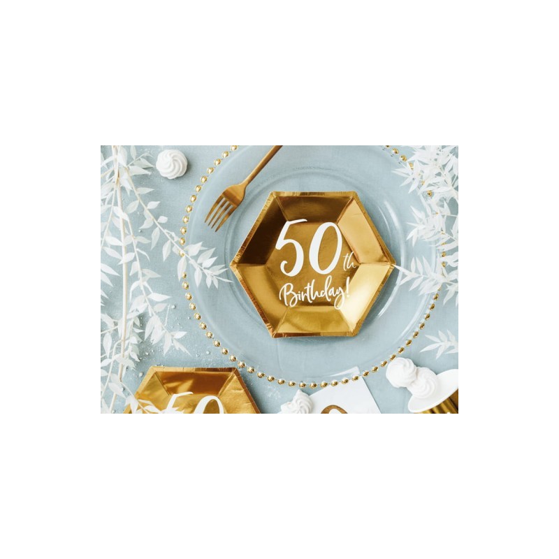 6 ASSIETTES HEXAGONALES EN CARTON  50 TH BIRTHDAY 20 X 17 CM