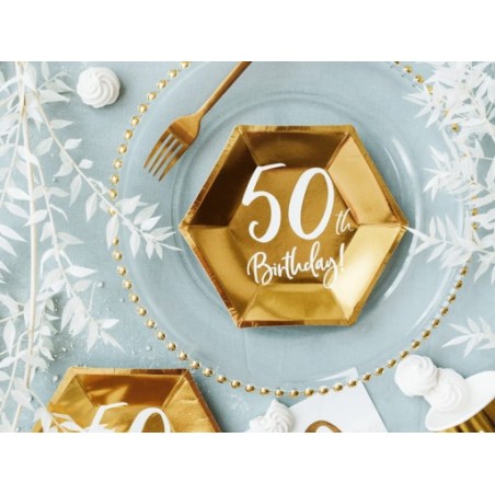 6 ASSIETTES HEXAGONALES EN CARTON  50 TH BIRTHDAY 20 X 17 CM